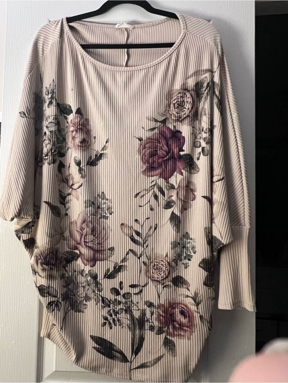 Cream Floral Ribbed Long-Sleeve Blouse